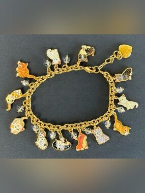 Vintage Cat Charm Bracelet Enamel Gold-Plated Swarovski Crystals Jürgen Scholz
